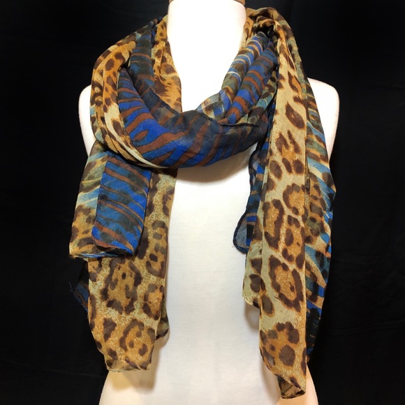 Accessories - Blue Zebra & Leopard Print Long Lightweight Scarf